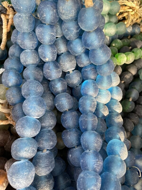 73f38d7e-ef7d-427c-be19-5eb17bc5b7c3 Frosted Cobalt Blue Recycled Glass Krobo Beads Strand (32")